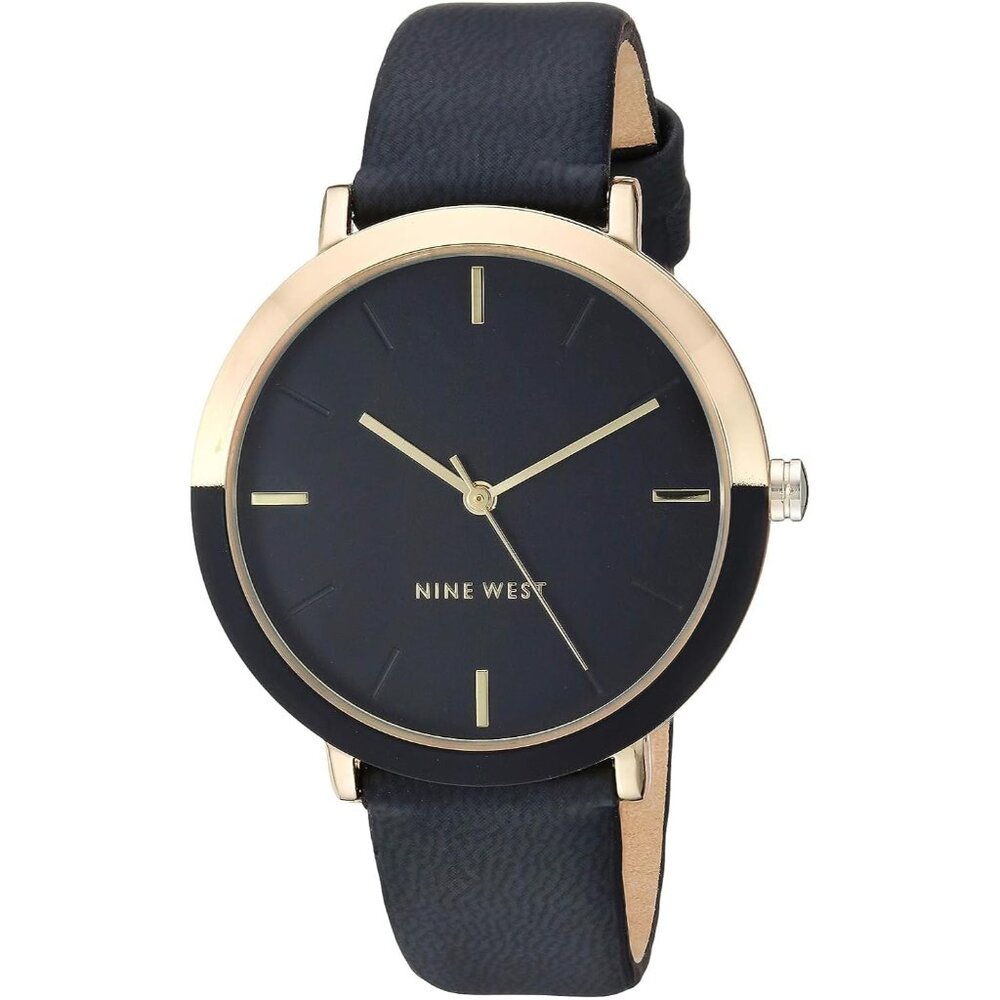 Women's Faux Leather Strap Black/Gold Tone Buckle Closure Crystal Lens Watch